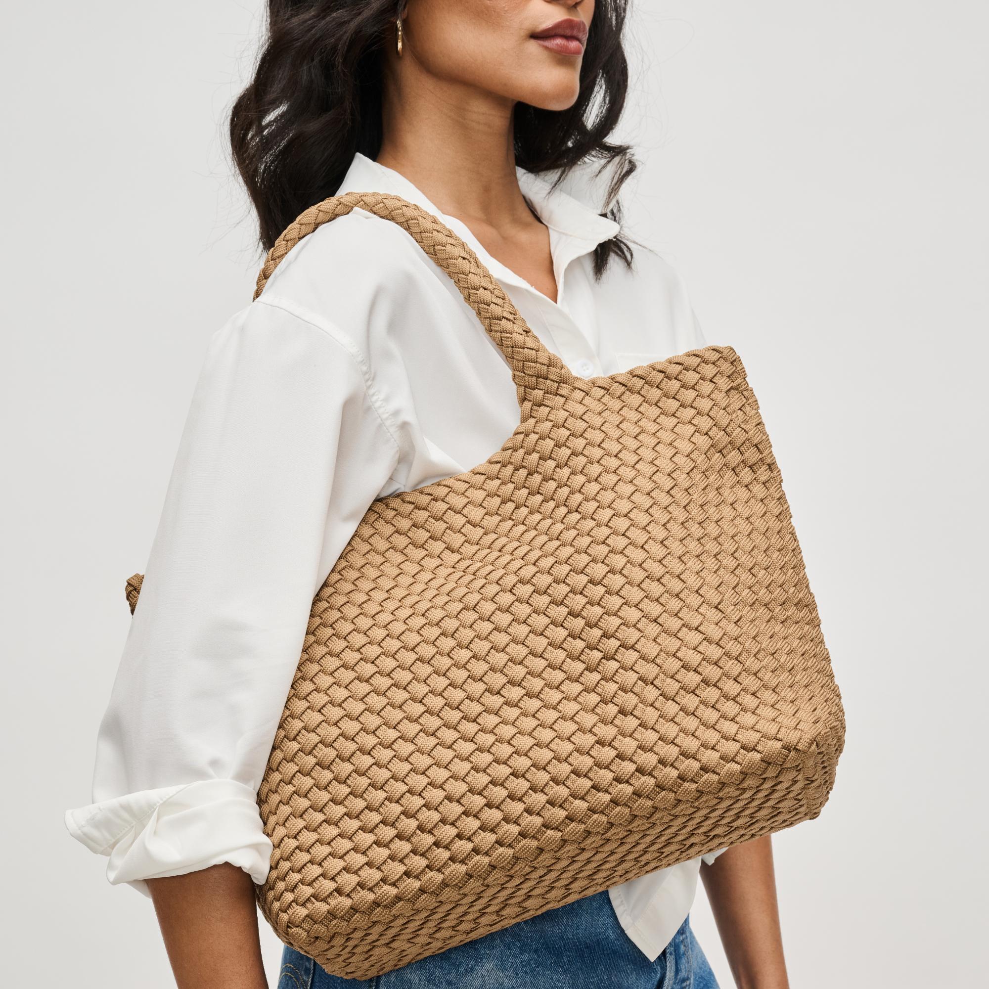 Woman wearing Beige Sol and Selene Sky's The Limit - Medium Laced Up Eco-Edition Tote 841764111584 View 1 | Beige