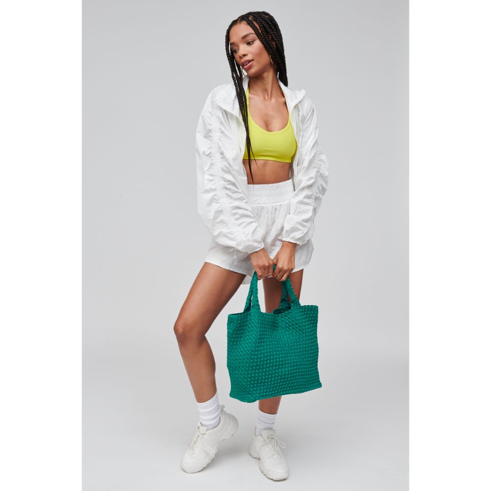 Woman wearing Emerald Sol and Selene Sky's The Limit - Medium Tote 841764107808 View 4 | Emerald