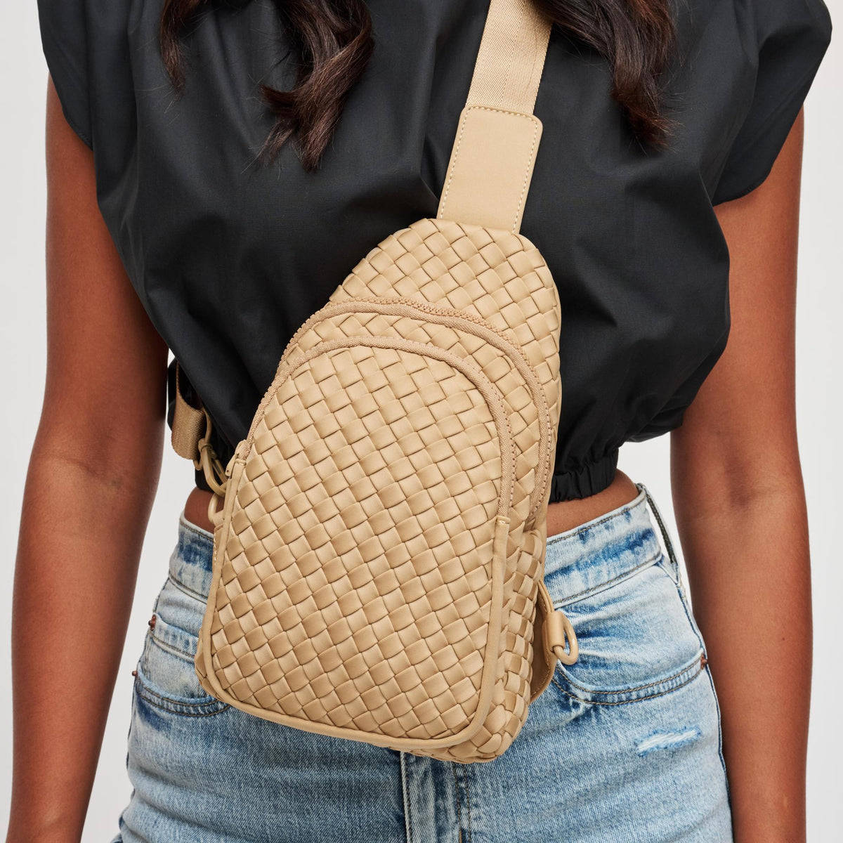 Woman wearing Nude Sol and Selene Beyond The Horizon - Woven Neoprene Sling Backpack 841764108041 View 4 | Nude