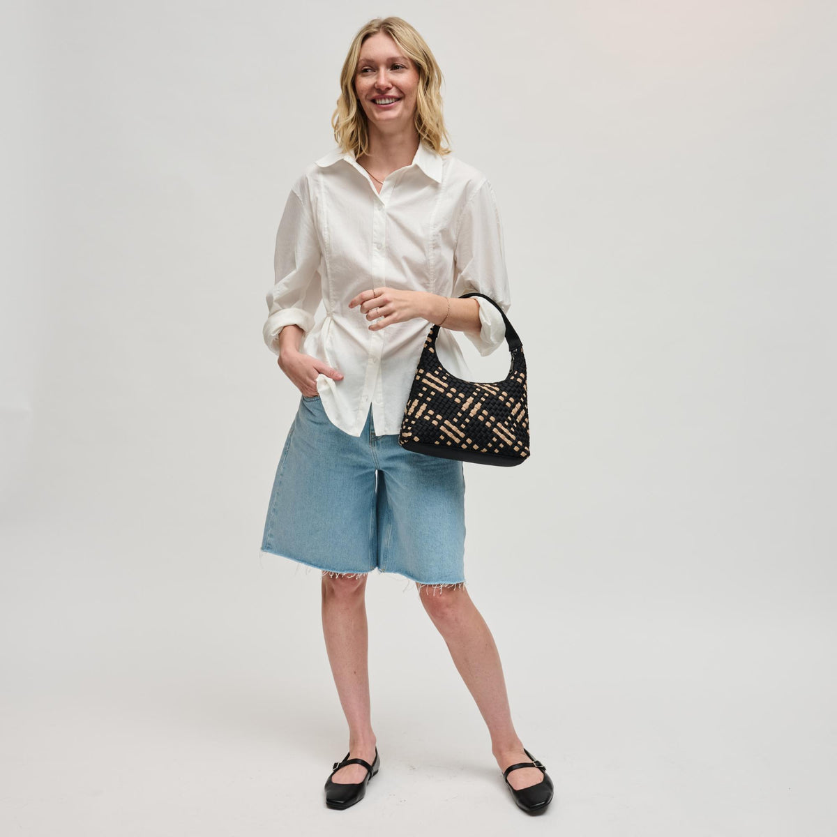 Woman wearing Black Nude Sol and Selene Harmonia - Woven Neoprene Shoulder Bag 841764112505 View 4 | Black Nude