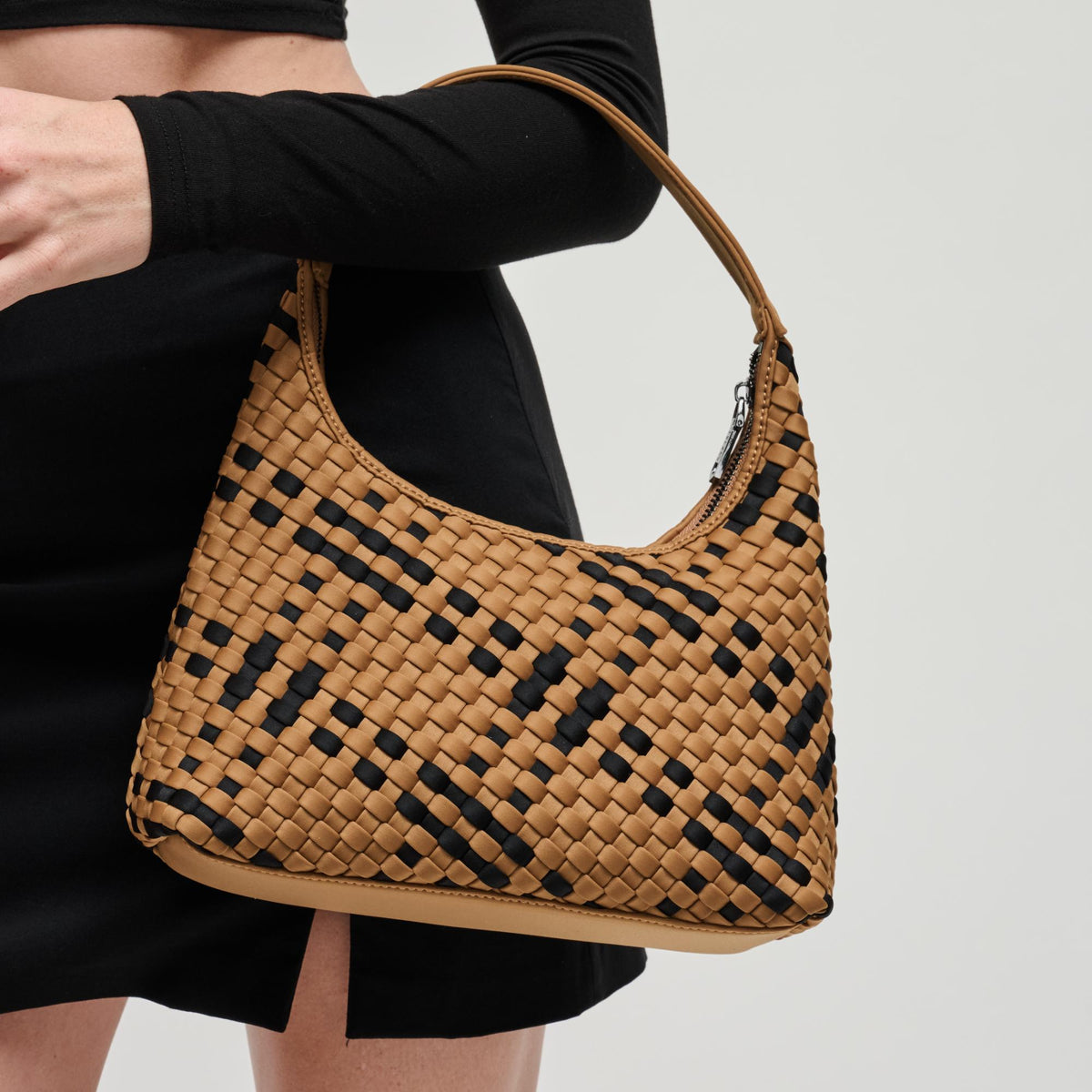 Woman wearing Sand Black Sol and Selene Harmonia - Woven Neoprene Shoulder Bag 841764112581 View 2 | Sand Black
