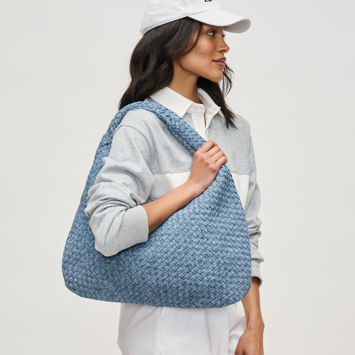 Woman wearing Denim Sol and Selene Dare to Dream - Large Woven Denim Hobo 841764111430 View 2 | Denim