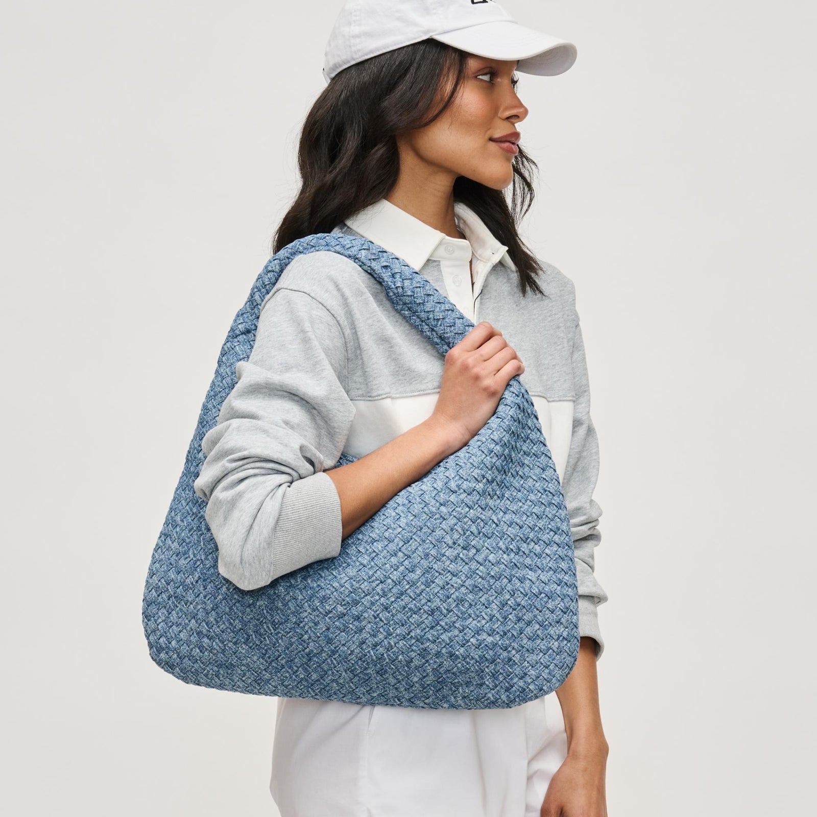 Woman wearing Denim Sol and Selene Dare to Dream - Large Woven Denim Hobo 841764111430 View 2 | Denim