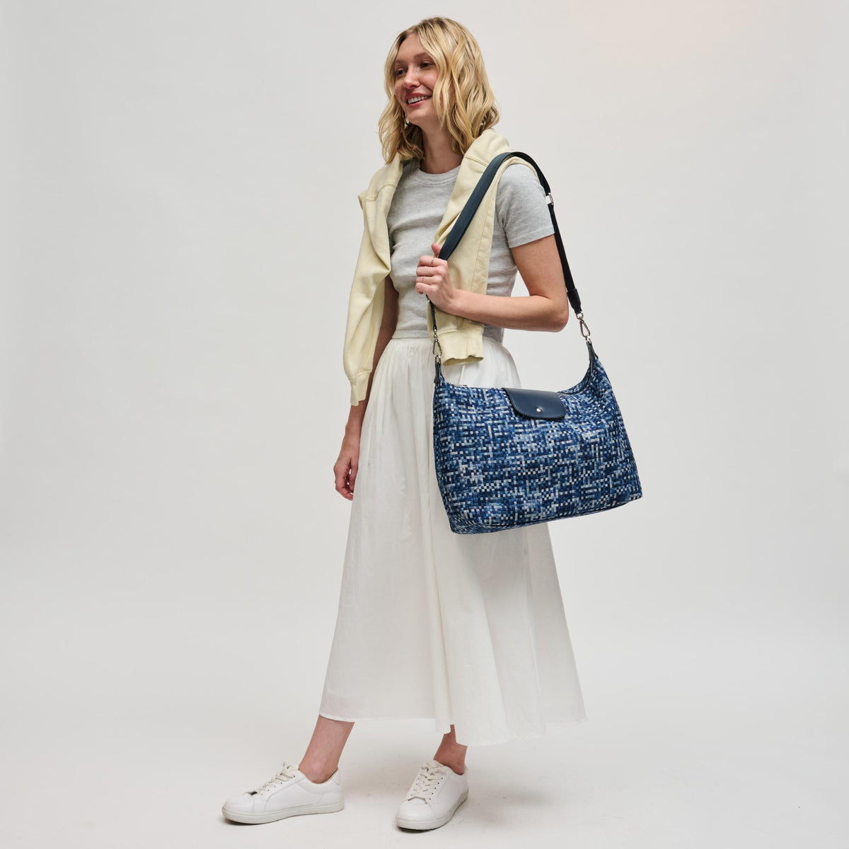 Woman wearing Navy Sol and Selene Aurora Shoulder Bag 841764112611 View 4 | Navy
