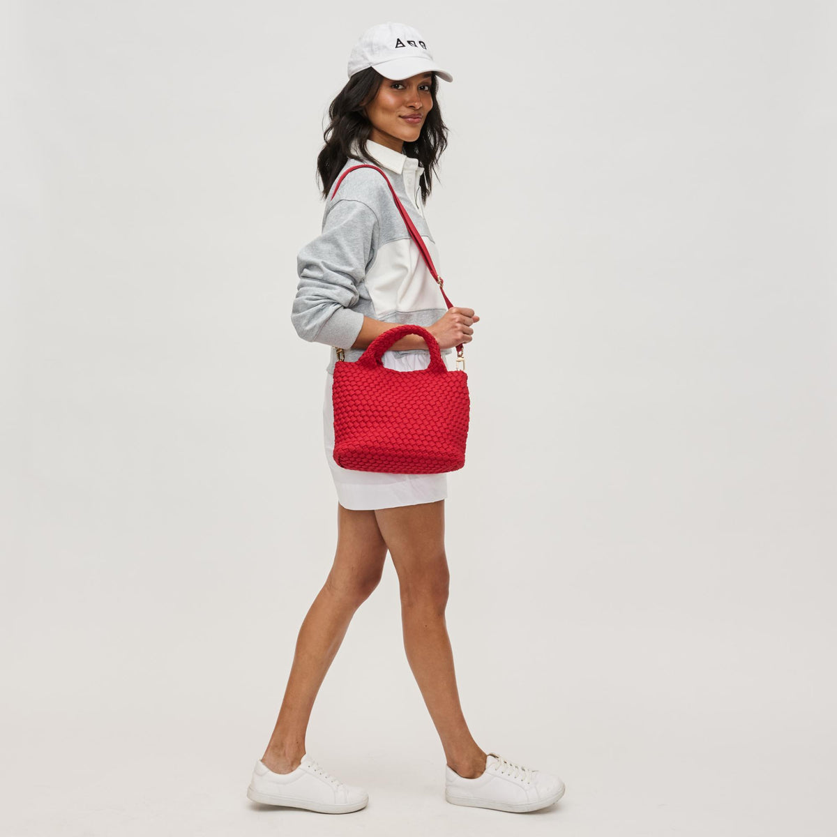 Woman wearing Red Sol and Selene Sky's The Limit - Small Laced Up Eco-Edition Crossbody 841764111751 View 4 | Red