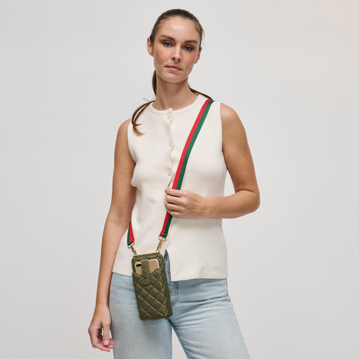 Woman wearing Sage Sol and Selene Duality - Quilted Cell Phone Crossbody 841764107792 View 2 | Sage