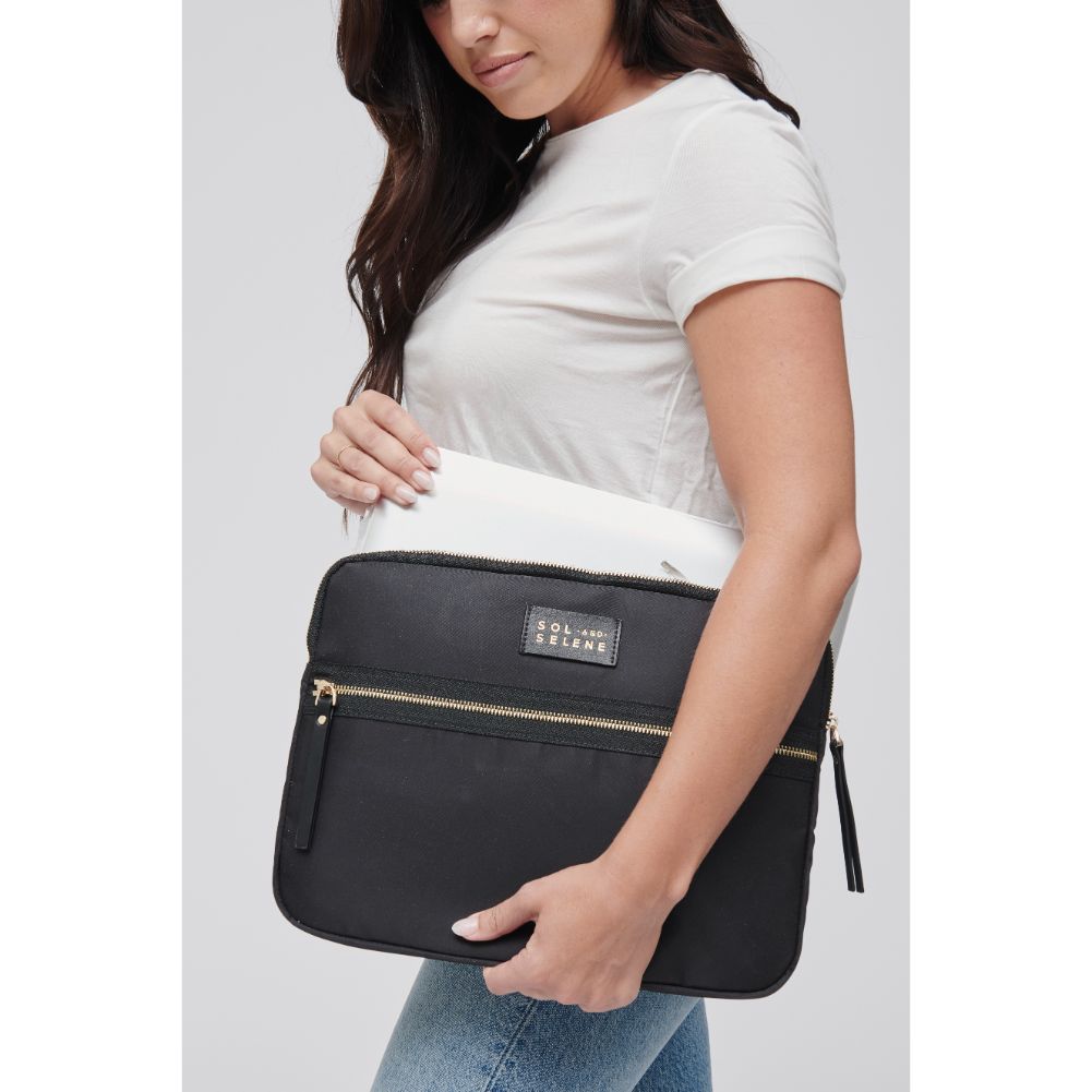 Woman wearing Black Sol and Selene Self Made Computer Laptop Sleeve 841764103886 View 2 | Black