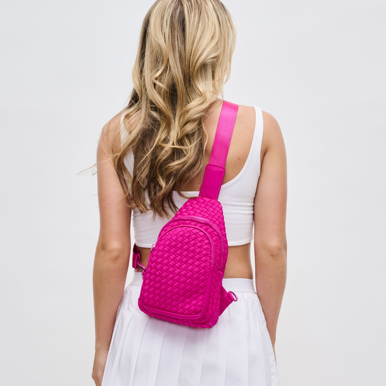 Woman wearing Black Sol and Selene Beyond The Horizon - Woven Neoprene Sling Backpack 841764108034 View 1 | Black