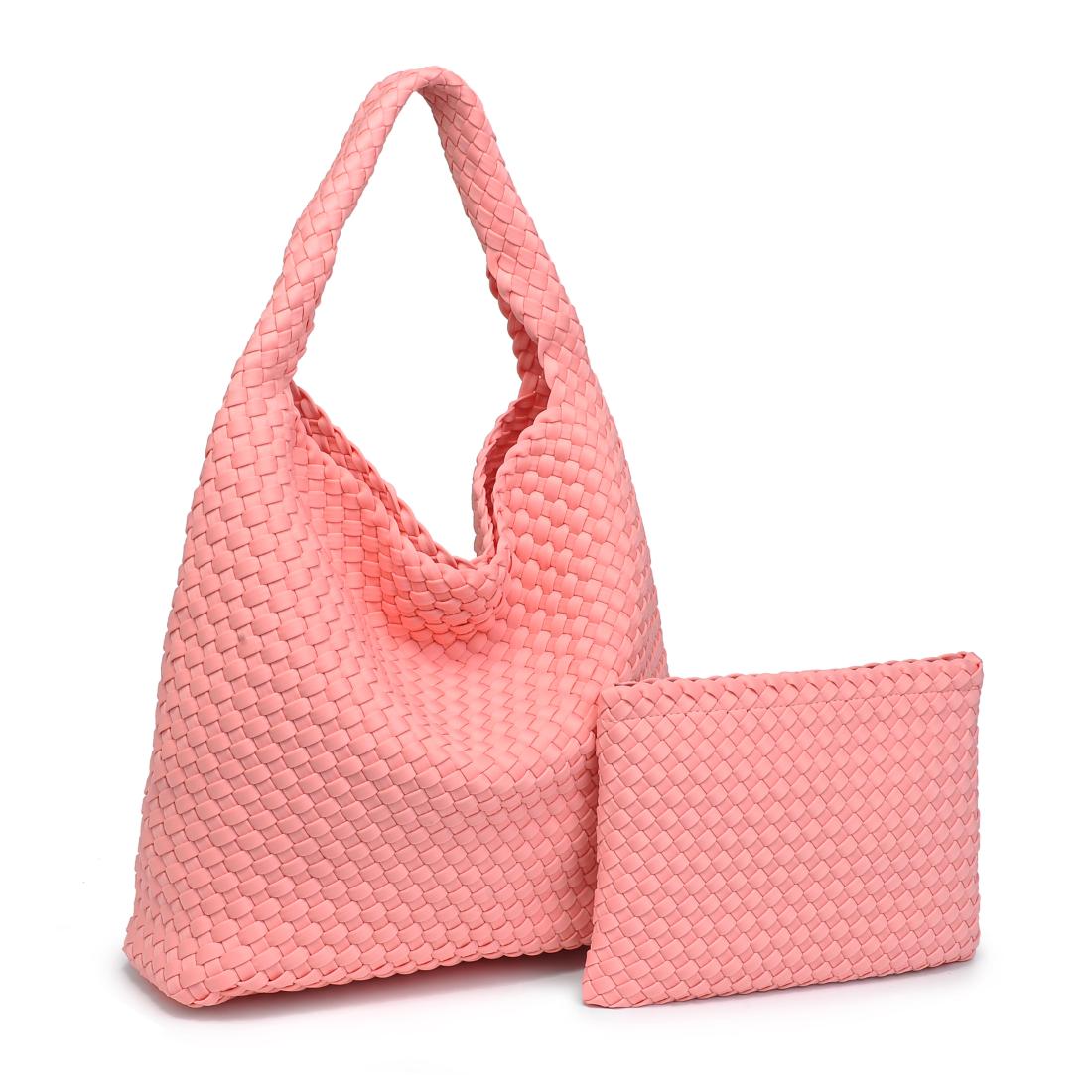 Woman wearing Blush Sol and Selene Celestial Woven Neoprene Hobo 841764112345 View 6 | Blush