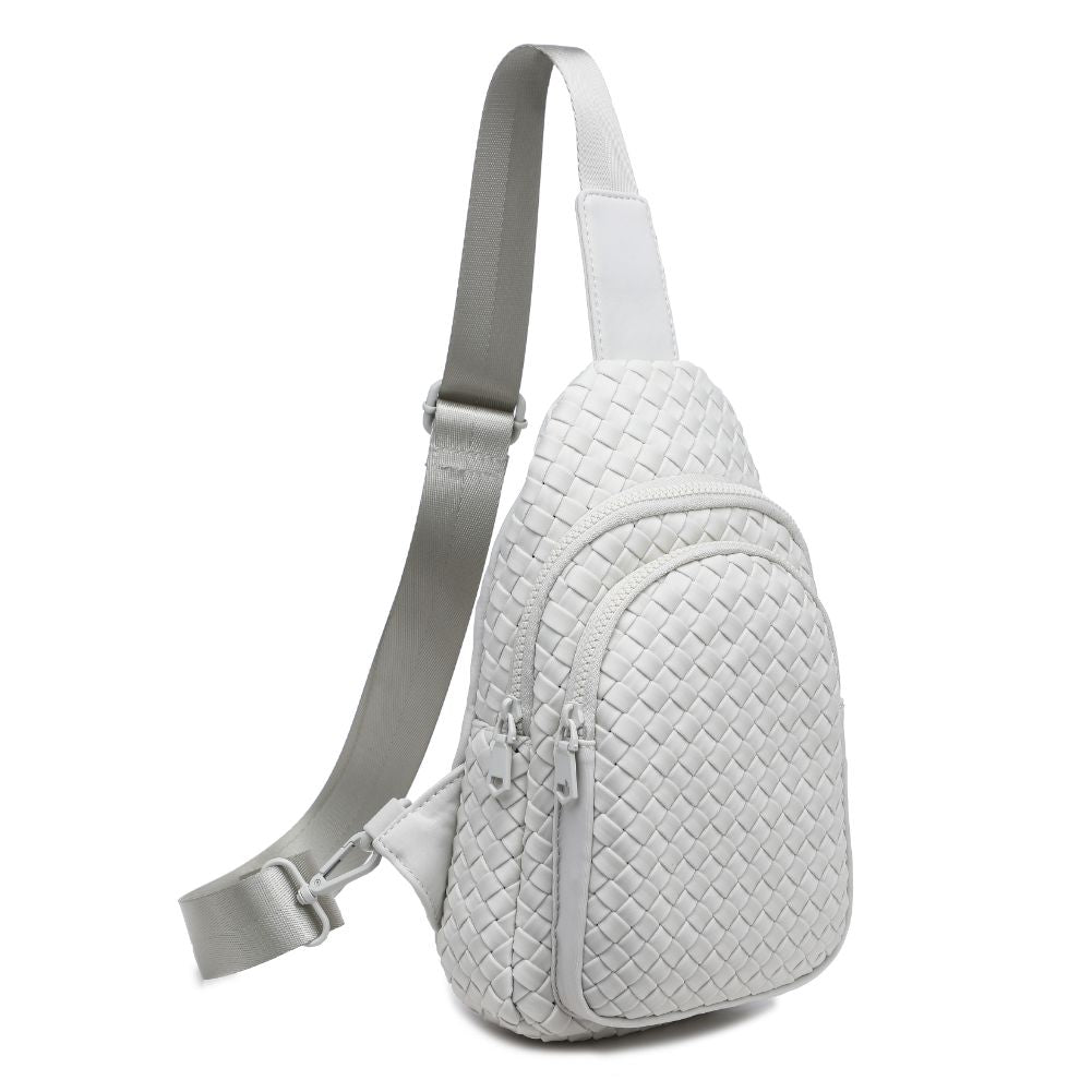 Woman wearing Bone Sol and Selene Beyond The Horizon - Woven Neoprene Sling Backpack 841764109062 View 6 | Bone