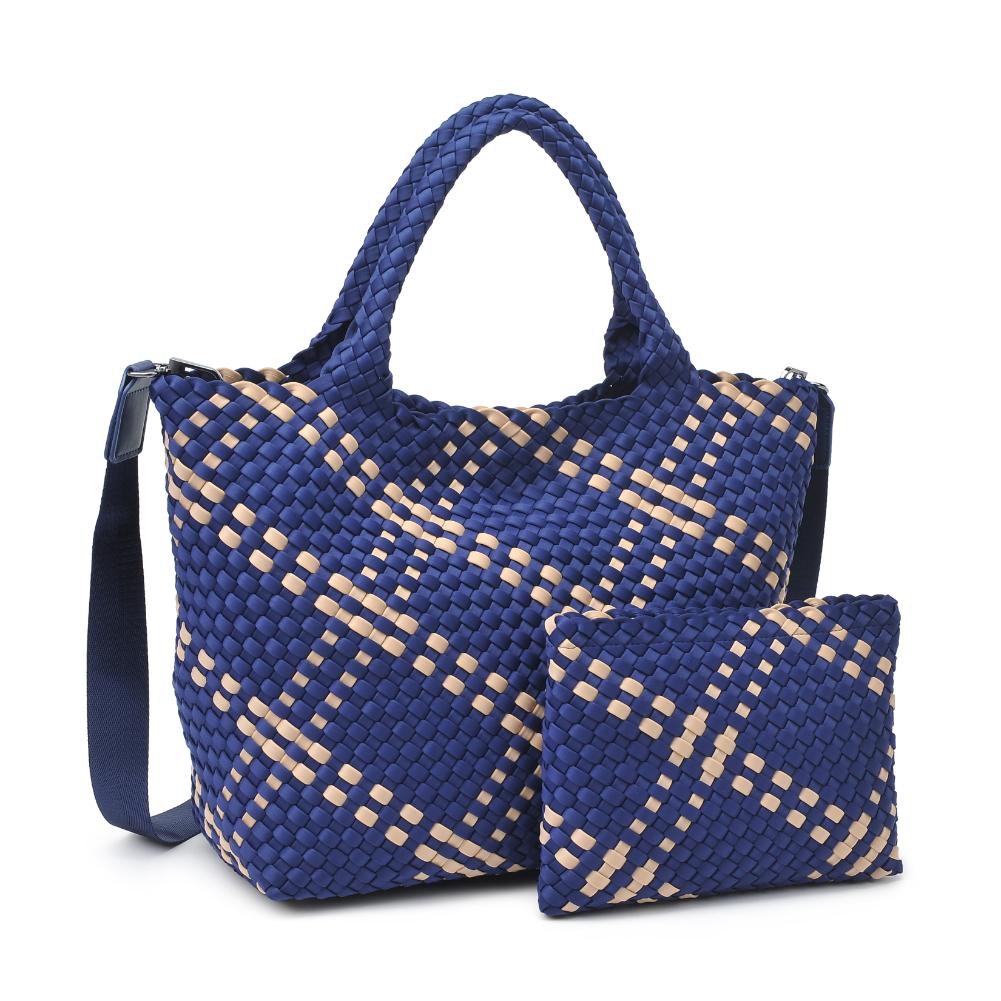 Woman wearing Navy Nude Sol and Selene Sky's The Limit - Medium Tote 841764110358 View 6 | Navy Nude