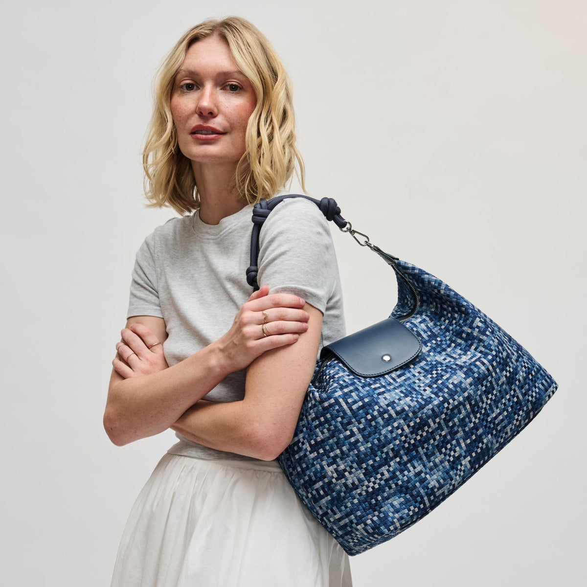 Woman wearing Navy Sol and Selene Aurora Shoulder Bag 841764112611 View 1 | Navy