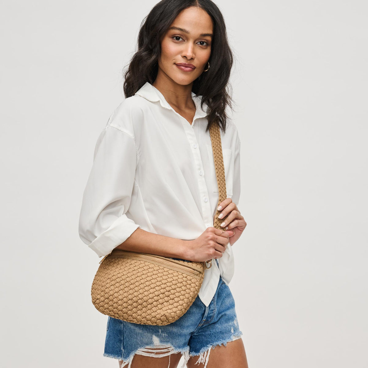 Woman wearing Nude Sol and Selene Ethereal - Woven Laced Up Eco-Edition Crossbody 841764111546 View 3 | Nude