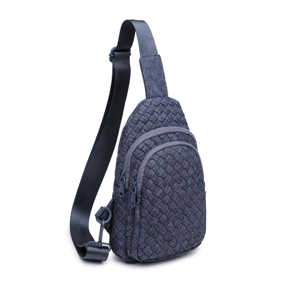 Woman wearing Dark Denim Sol and Selene Beyond The Horizon - Woven Neoprene Sling Backpack 841764110433 View 6 | Dark Denim