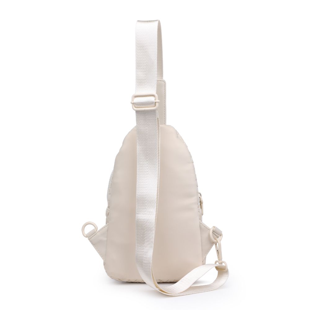 Woman wearing Cream Sol and Selene Beyond The Horizon - Woven Neoprene Sling Backpack 841764109277 View 7 | Cream