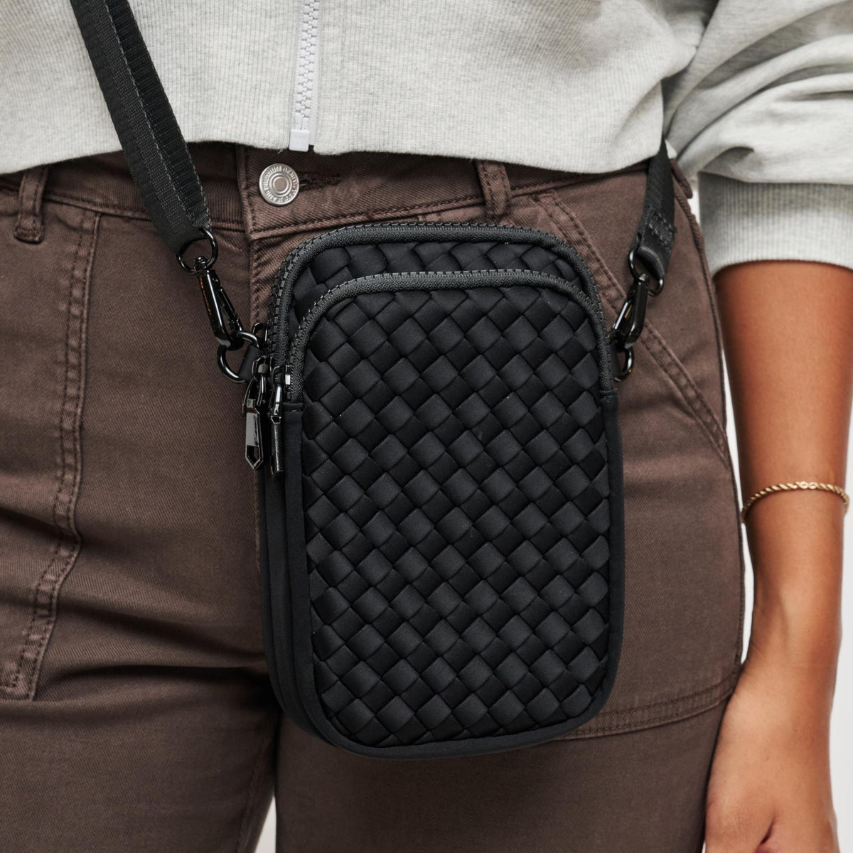 Woman wearing Black Sol and Selene Divide & Conquer - Woven Neoprene Crossbody 841764108706 View 4 | Black