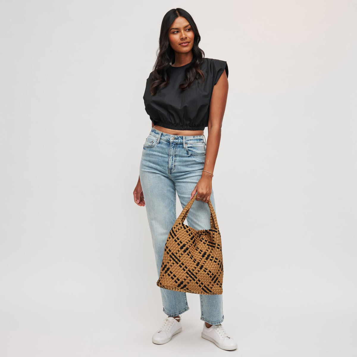 Woman wearing Sand Black Sol and Selene Celestial Woven Neoprene Hobo 841764112321 View 4 | Sand Black