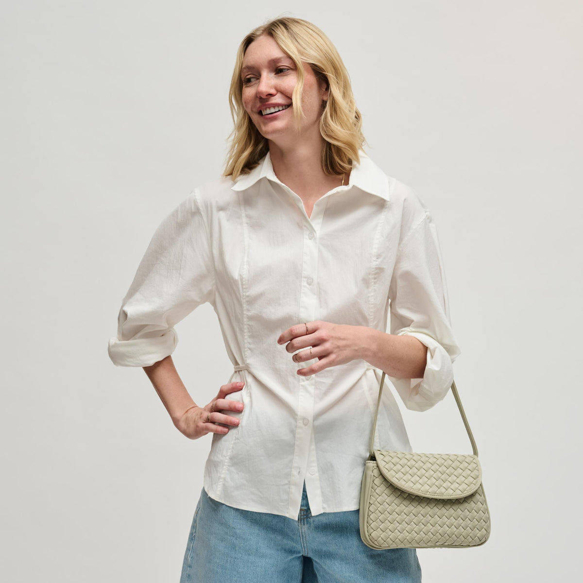 Woman wearing Sage Sol and Selene Astra Shoulder Bag 841764112451 View 3 | Sage