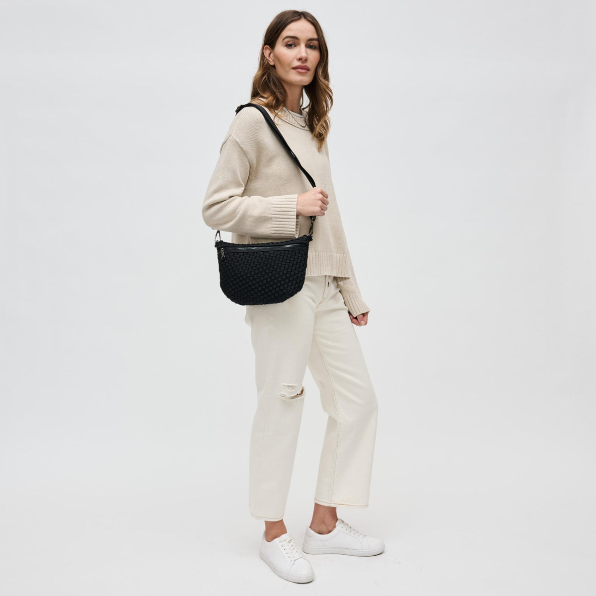 Woman wearing Black Sol and Selene Ethereal - Woven Neoprene Crossbody 841764110839 View 3 | Black