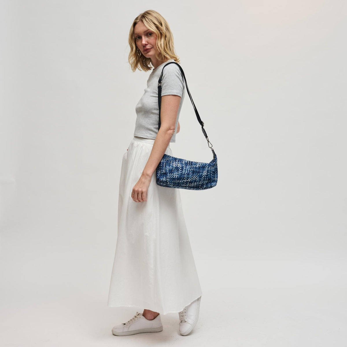 Woman wearing Navy Sol and Selene Amara Shoulder Bag 841764112642 View 4 | Navy