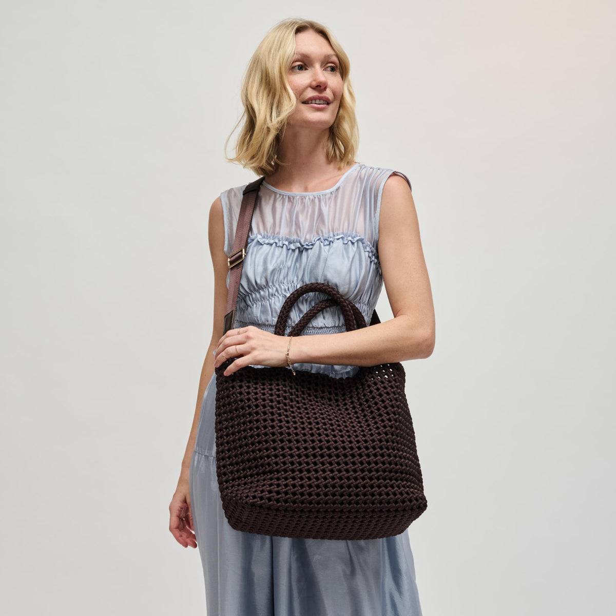 Woman wearing Chocolate Sol and Selene Ambrosia Medium Tote 841764112741 View 2 | Chocolate