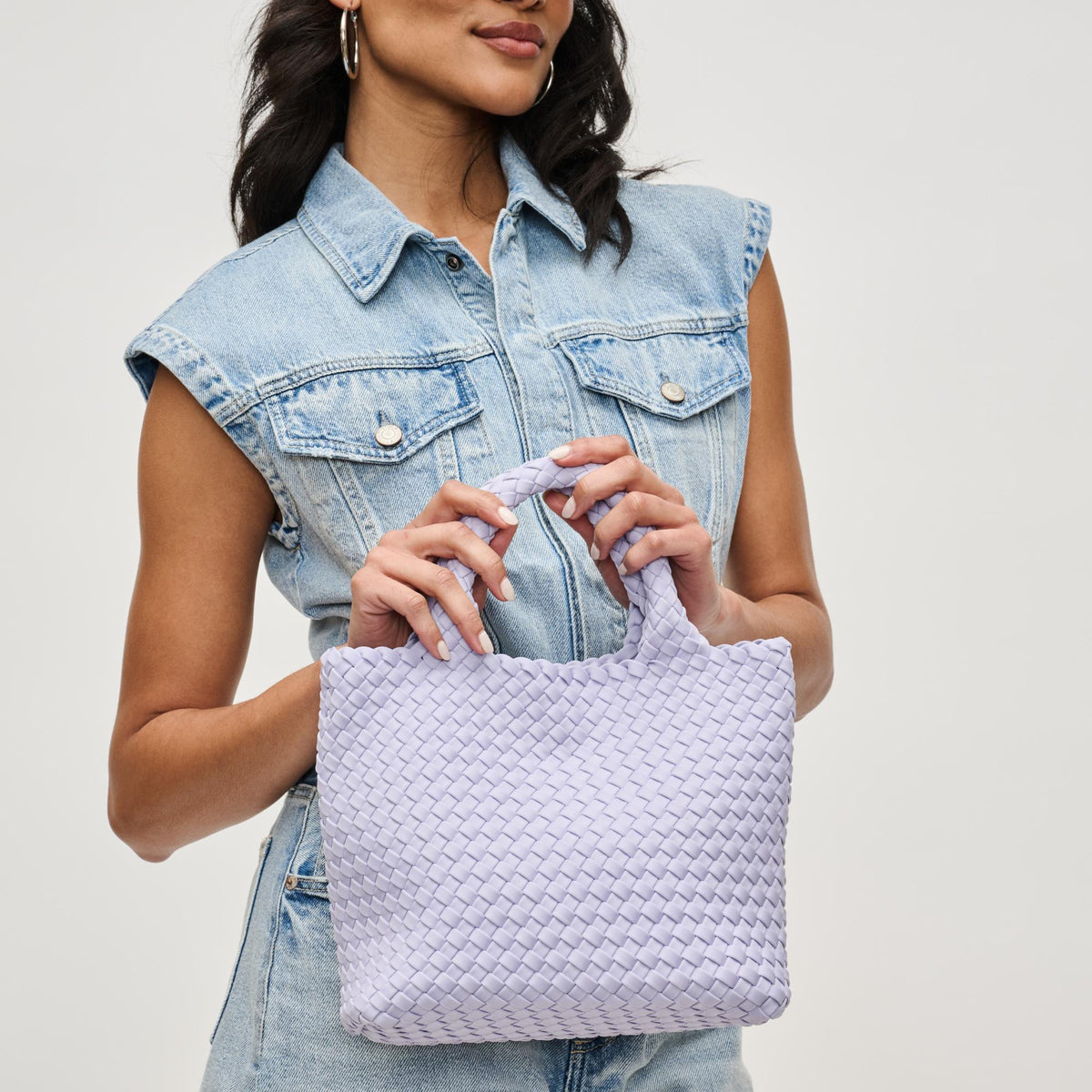 Woman wearing Lilac Sol and Selene Sky's The Limit - Small Crossbody 841764111416 View 3 | Lilac