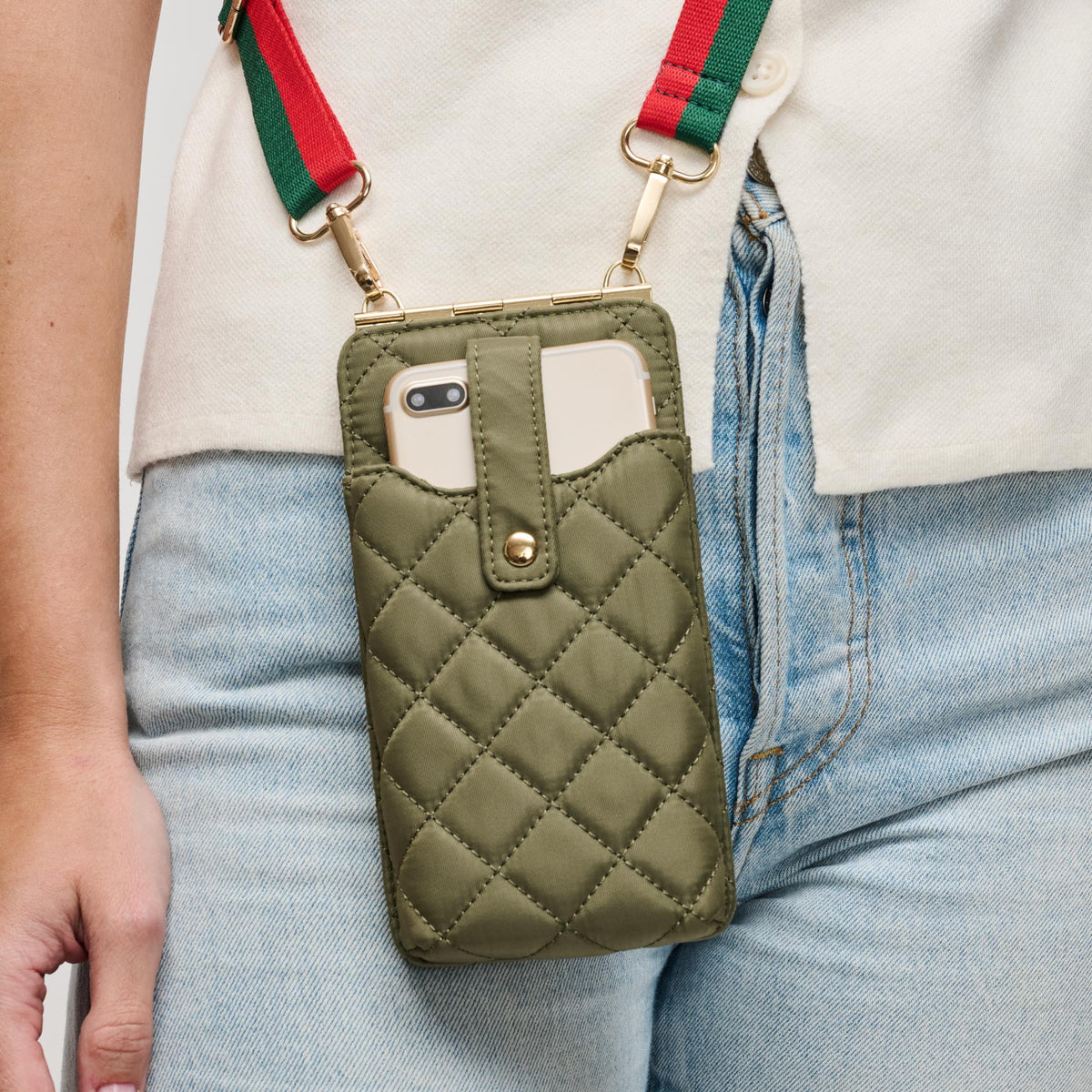 Woman wearing Sage Sol and Selene Duality - Quilted Cell Phone Crossbody 841764107792 View 1 | Sage