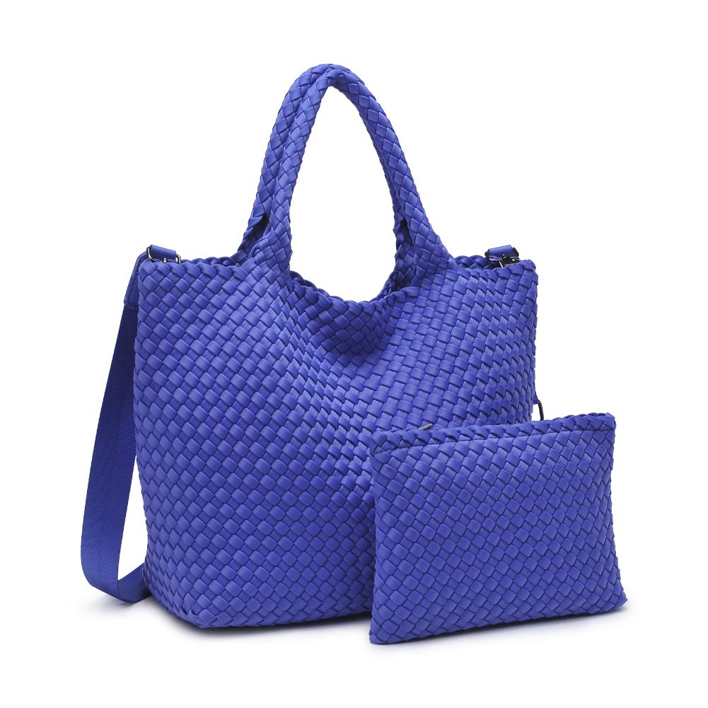 Woman wearing Periwinkle Sol and Selene Sky's The Limit - Medium Tote 841764108799 View 6 | Periwinkle