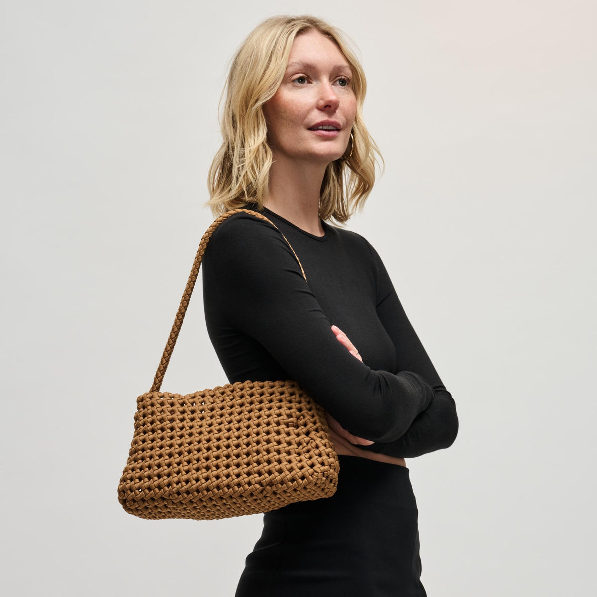 Woman wearing Sand Sol and Selene Solara Shoulder Bag 841764113007 View 2 | Sand