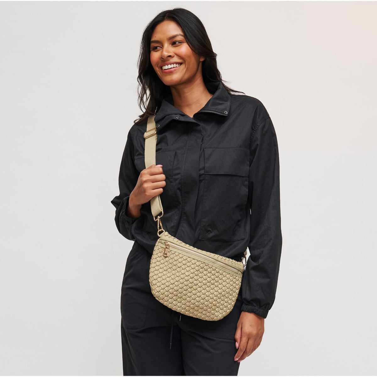 Woman wearing Sage Sol and Selene Ethereal - Woven Laced Up Eco-Edition Crossbody 841764112260 View 2 | Sage