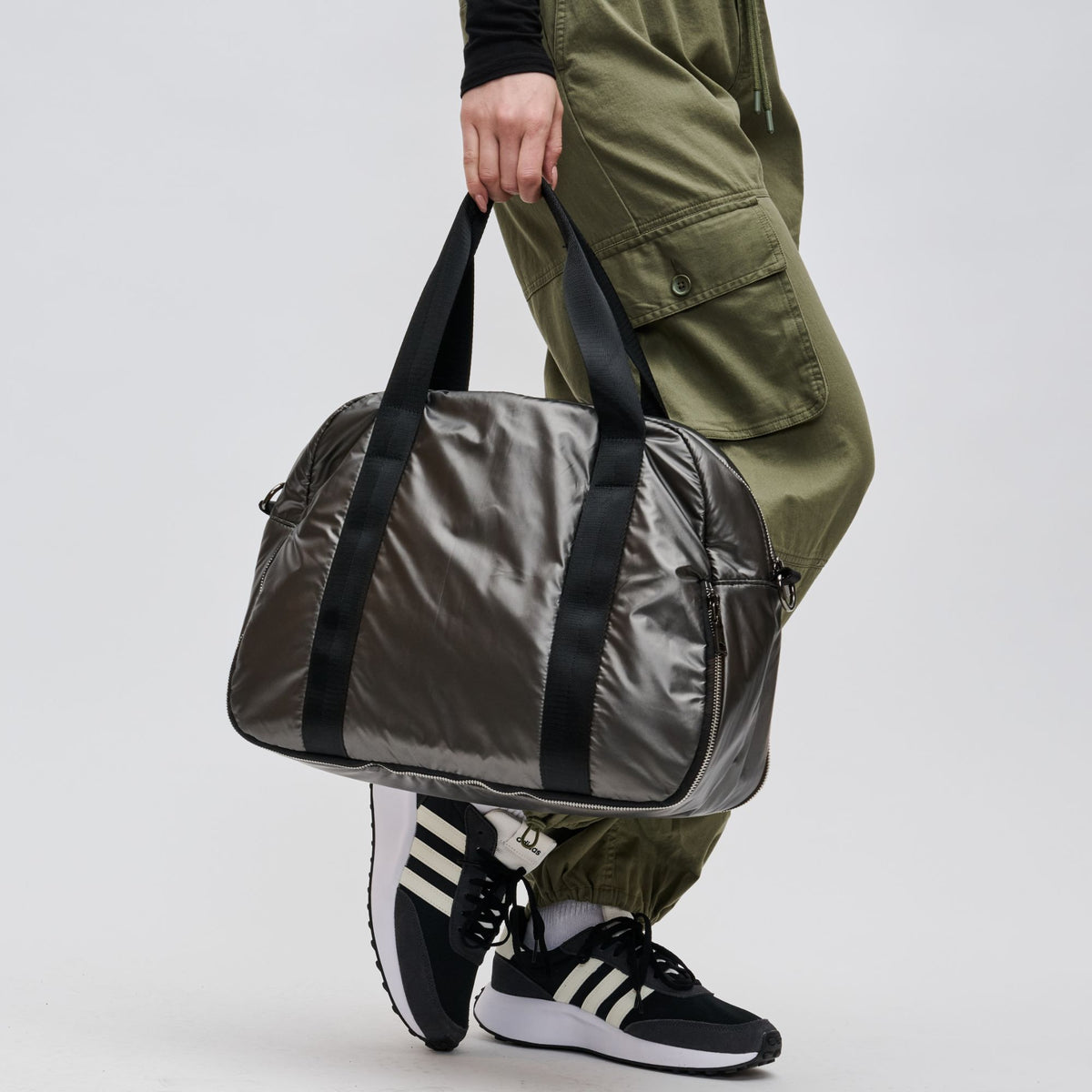 Woman wearing Gunmetal Sol and Selene Amplify Duffel 841764104869 View 4 | Gunmetal