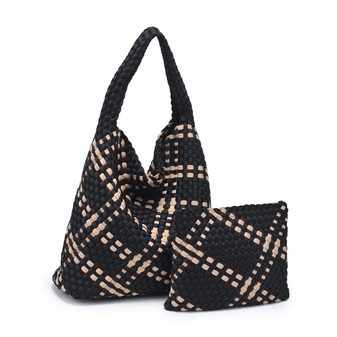 Woman wearing Black Nude Sol and Selene Celestial Woven Neoprene Hobo 841764112307 View 6 | Black Nude