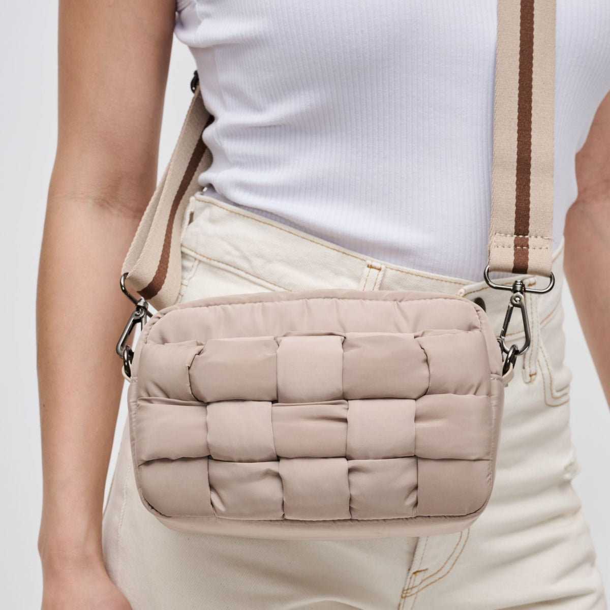 Woman wearing Nude Sol and Selene Inspiration - Woven Nylon Crossbody 841764107587 View 4 | Nude