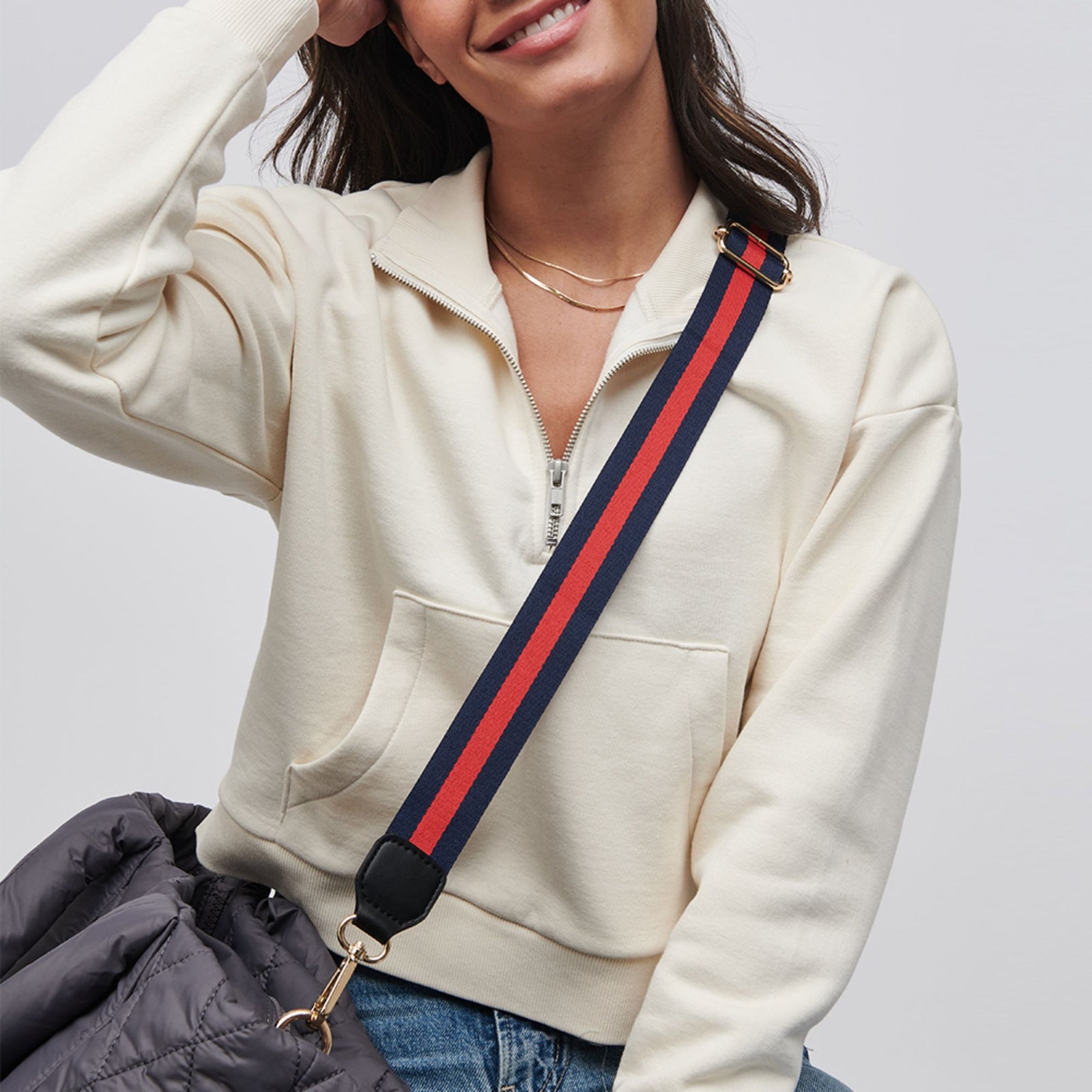 Woman wearing Black White Sol and Selene Adjustable Shoulder Crossbody Strap Shoulder Strap 841764106221 View 1 | Black White