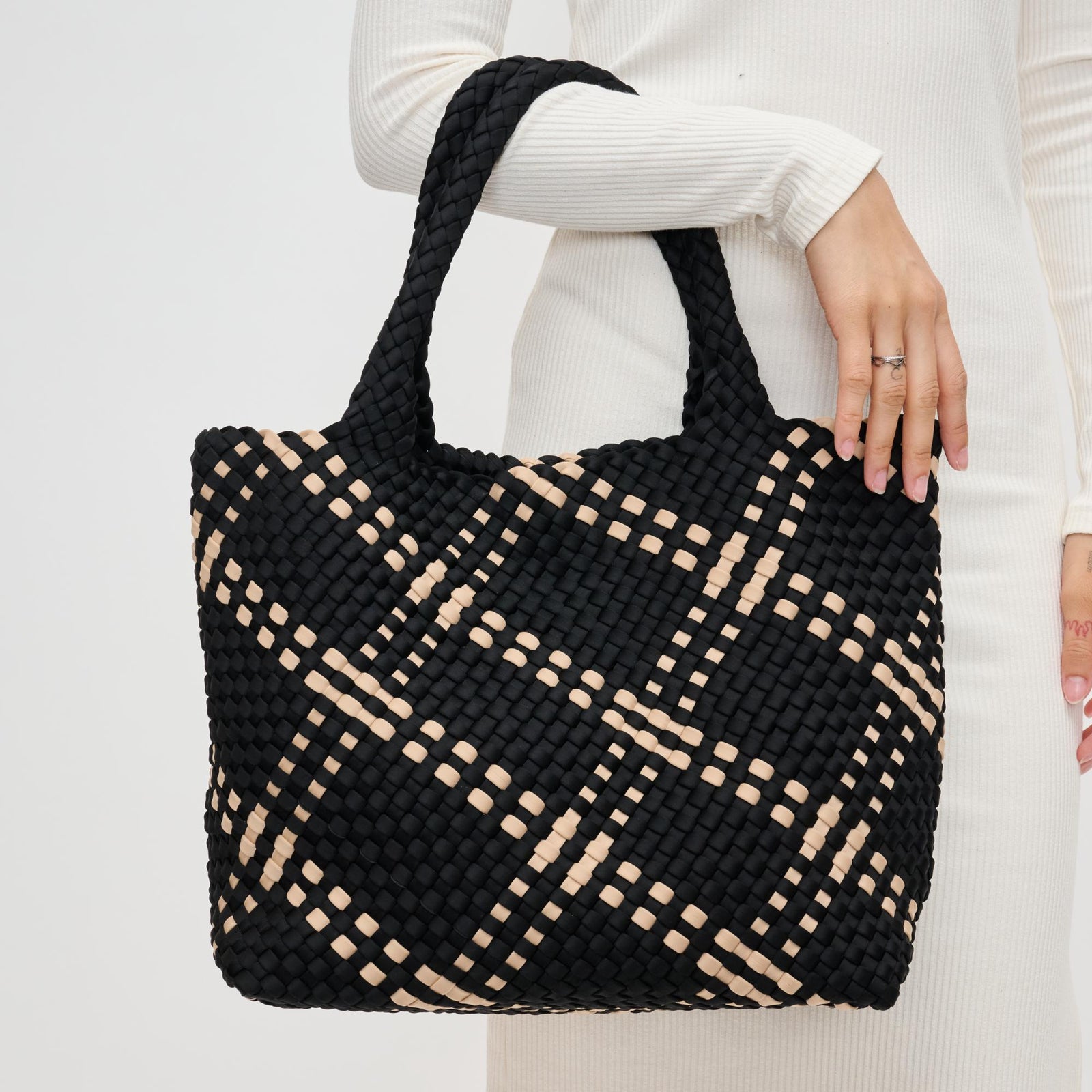 Woman wearing Black Sol and Selene Sky's The Limit - Medium Tote 841764107778 View 1 | Black