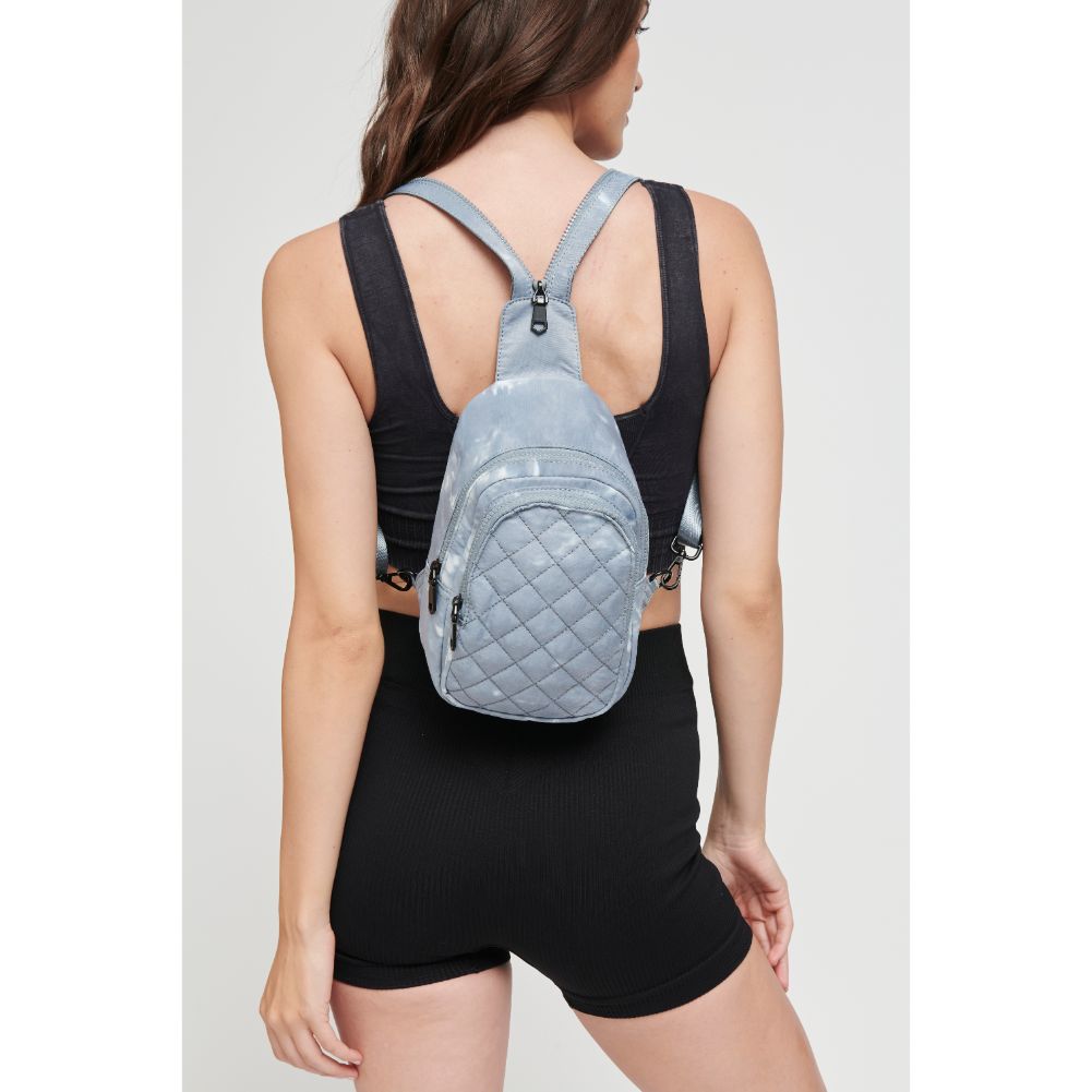 Woman wearing Slate Cloud Sol and Selene On The Run Sling Backpack 841764106283 View 1 | Slate Cloud