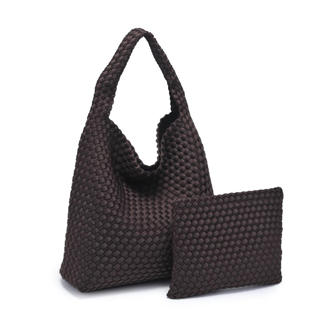 Woman wearing Chocolate Sol and Selene Celestial Woven Neoprene Hobo 841764112314 View 6 | Chocolate