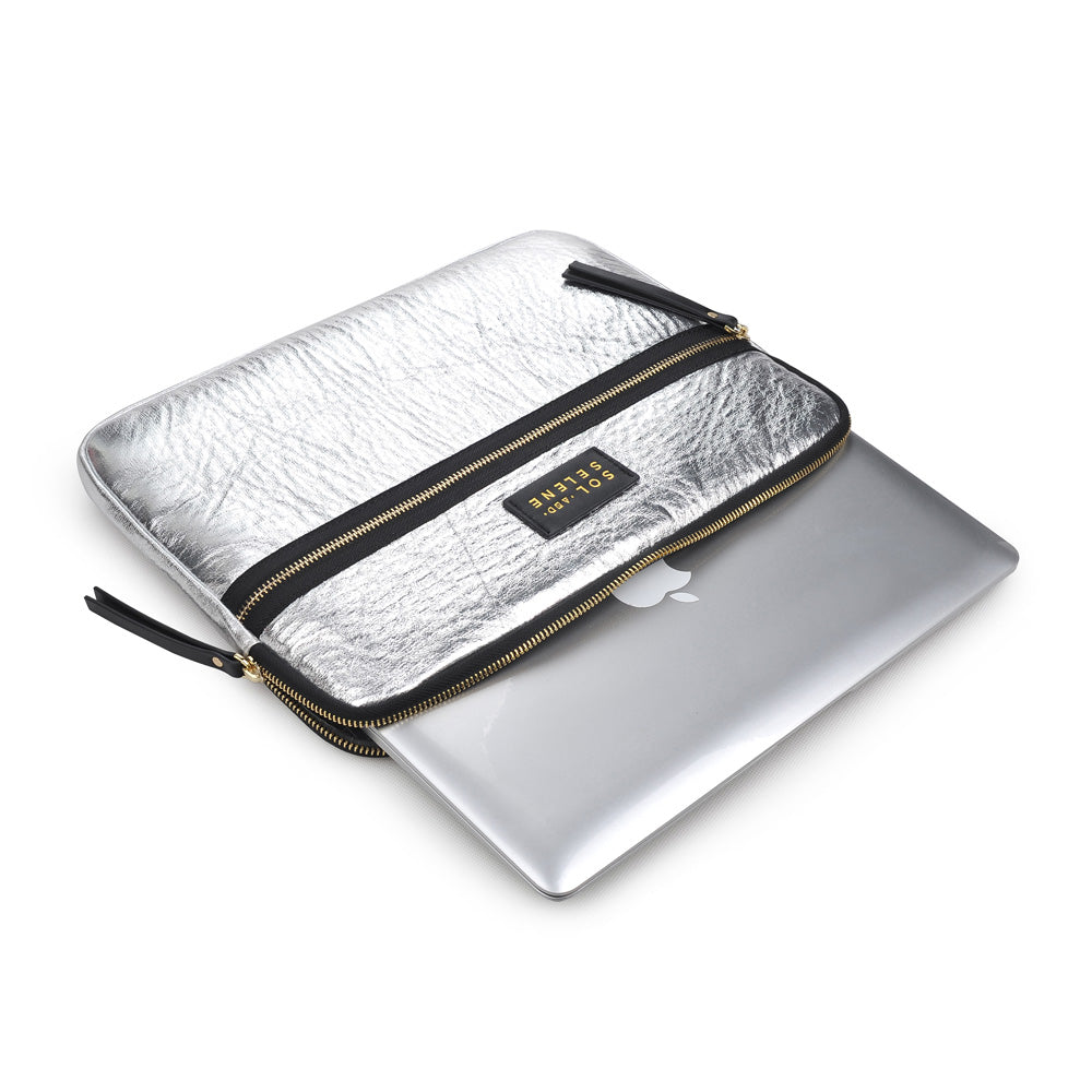 Woman wearing Silver Sol and Selene Self Made Computer Laptop Sleeve 841764103916 View 2 | Silver