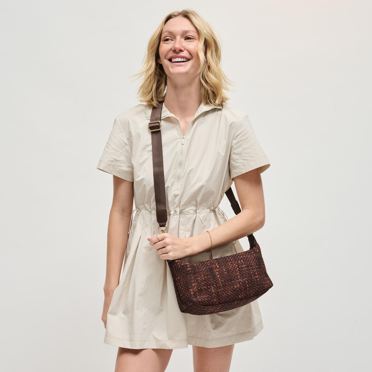 Woman wearing Chocolate Sol and Selene Amara Shoulder Bag 841764112635 View 1 | Chocolate