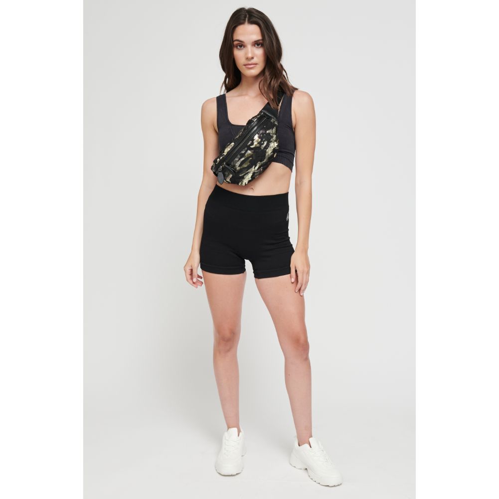 Woman wearing Green Metallic Camo Sol and Selene Side Kick Belt Bag 841764104951 View 3 | Green Metallic Camo