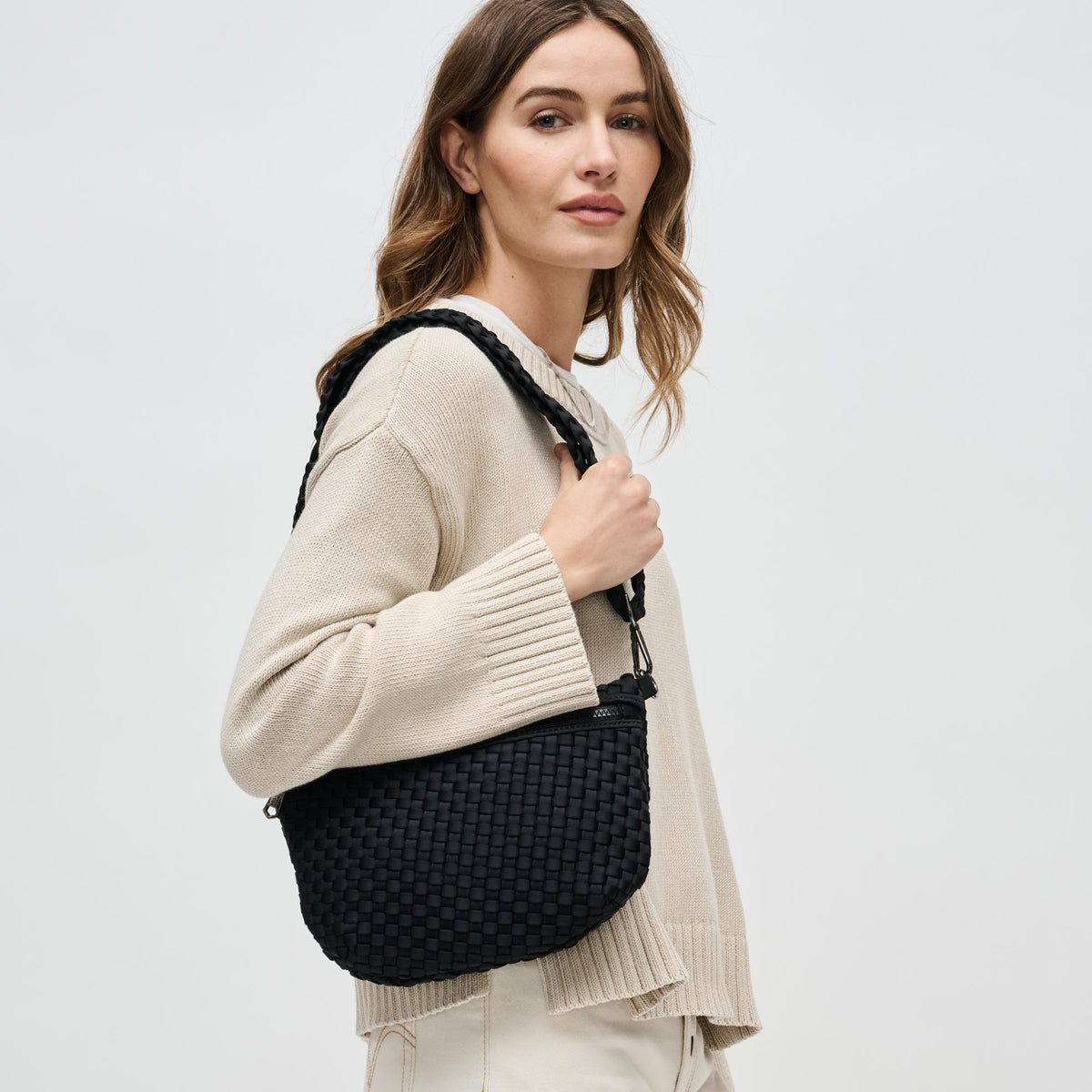Woman wearing Black Sol and Selene Ethereal - Woven Neoprene Crossbody 841764110839 View 2 | Black