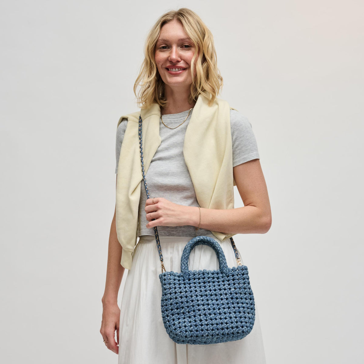 Woman wearing Denim Sol and Selene Ambrosia Small - Denim Crossbody 841764112727 View 2 | Denim