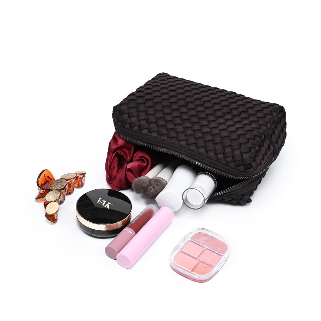Woman wearing Chocolate Sol and Selene Altitude - Woven Neoprene Cosmetic & Travel Organizer Pouch 841764112475 View 1 | Chocolate