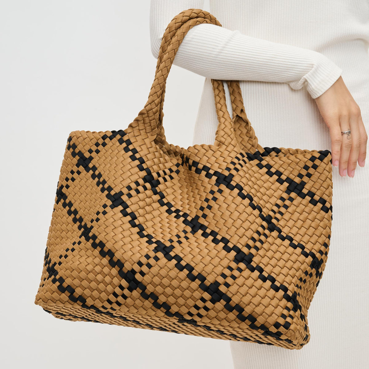 Woman wearing Sand Black Sol and Selene Sky's The Limit - Large Tote 841764110679 View 1 | Sand Black