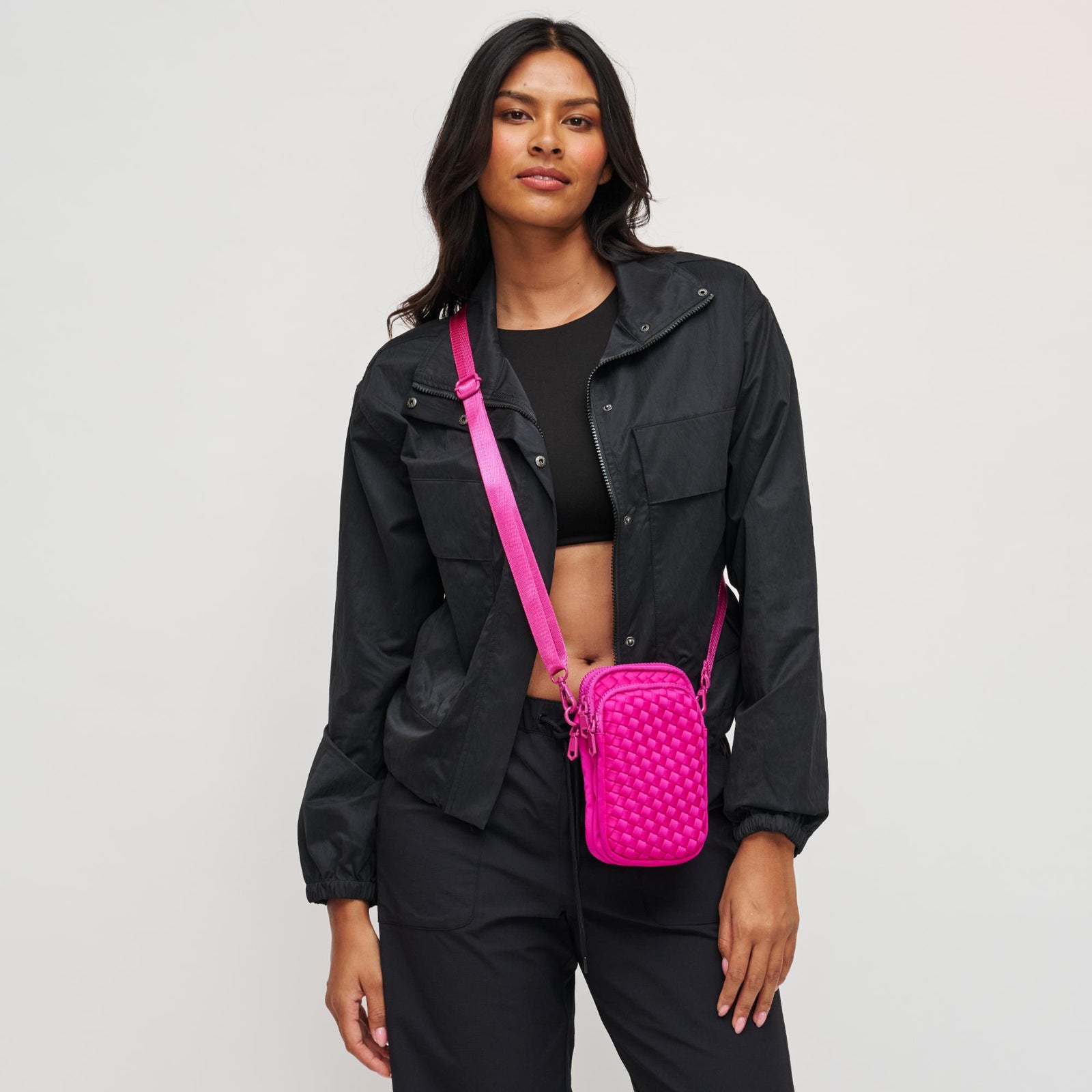 Woman wearing Black Sol and Selene Divide & Conquer - Woven Neoprene Crossbody 841764108706 View 1 | Black