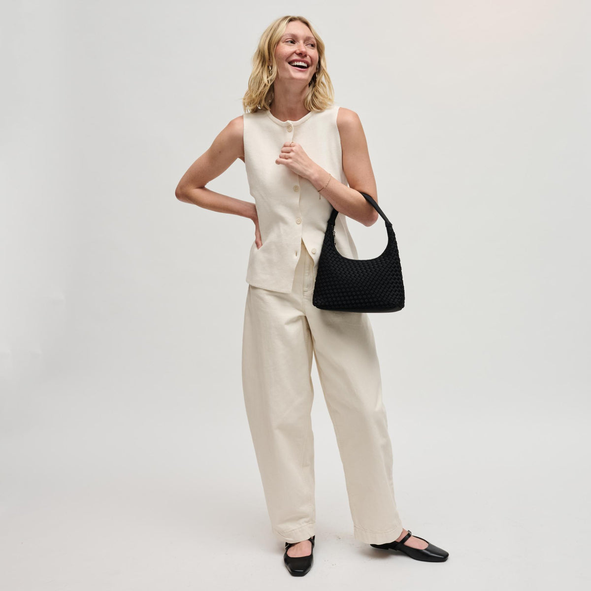Woman wearing Black Sol and Selene Harmonia - Woven Neoprene Shoulder Bag 841764112499 View 4 | Black