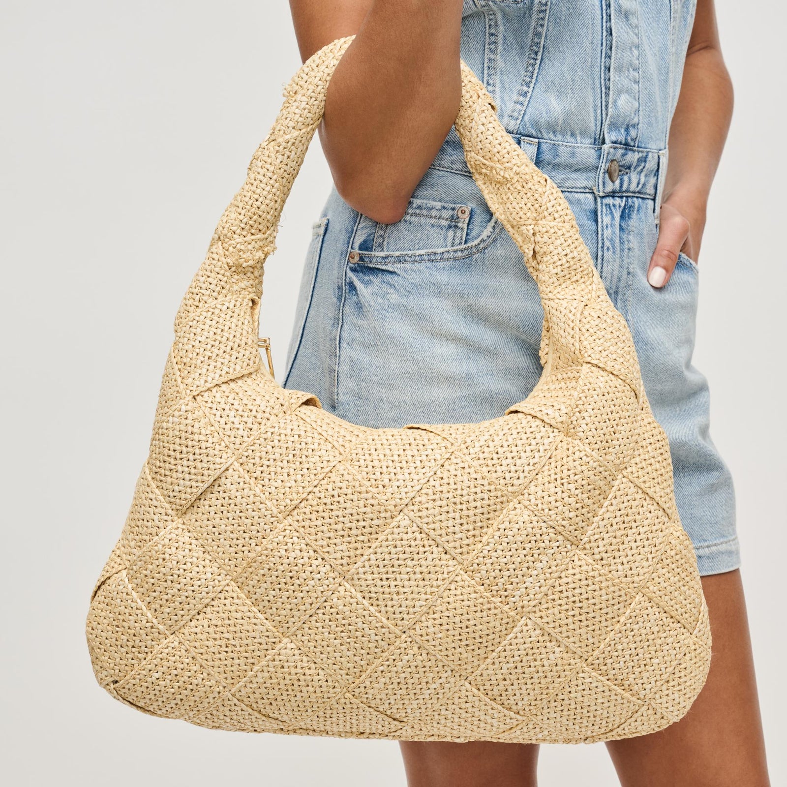Woman wearing Cream Sol and Selene Dare to Dream - Large Woven Straw Hobo 841764111652 View 1 | Cream