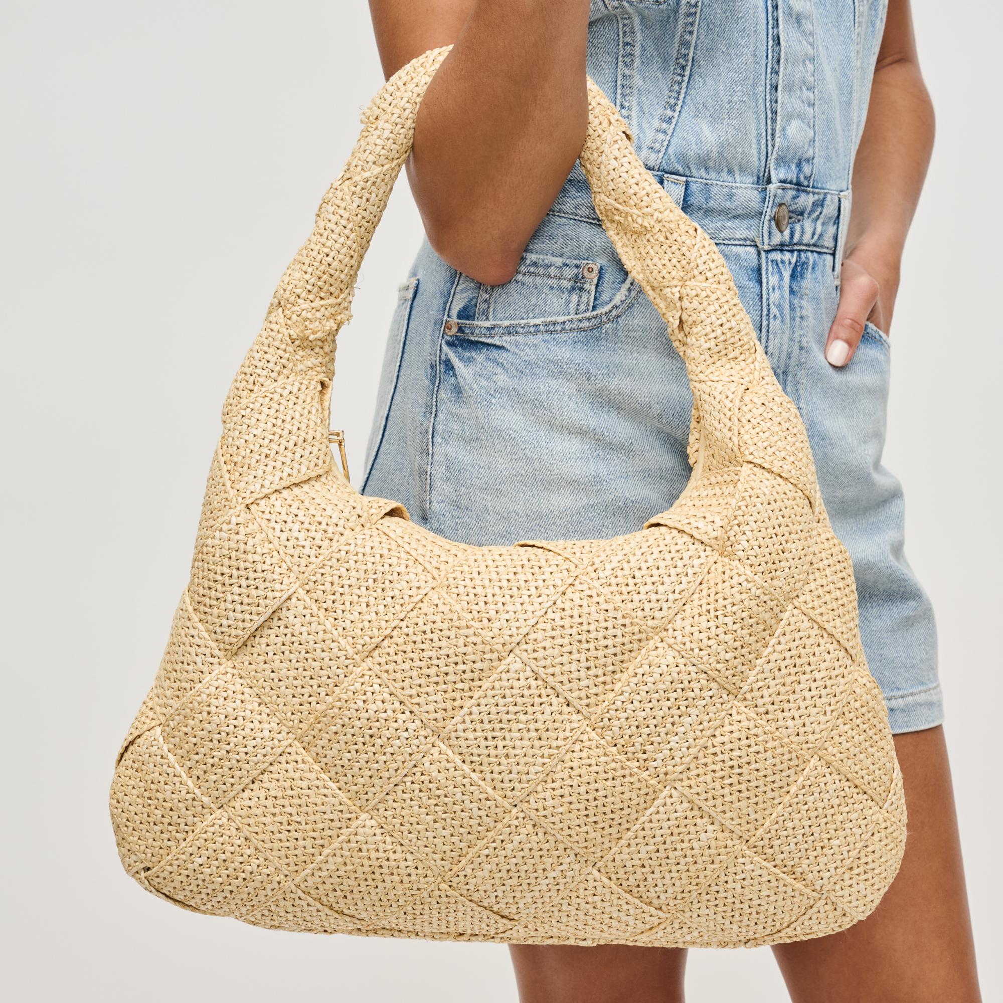 Woman wearing Cream Sol and Selene Dare to Dream - Large Woven Straw Hobo 841764111652 View 1 | Cream