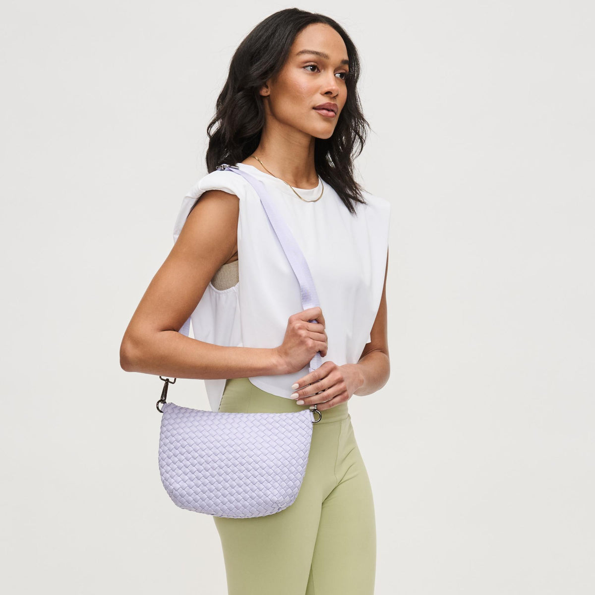Woman wearing Lilac Sol and Selene Ethereal - Woven Neoprene Crossbody 841764111478 View 2 | Lilac
