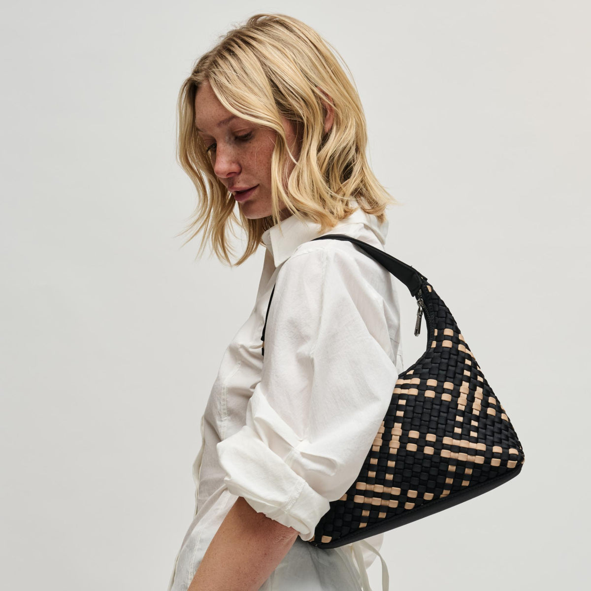 Woman wearing Black Nude Sol and Selene Harmonia - Woven Neoprene Shoulder Bag 841764112505 View 3 | Black Nude